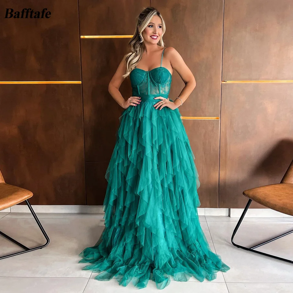 Bafftafe Humfles Tulle Dlhé ples šaty špagety špagety lace Formálne večierky družičky šaty prispôsobené dlhé odstupňované večerné šaty