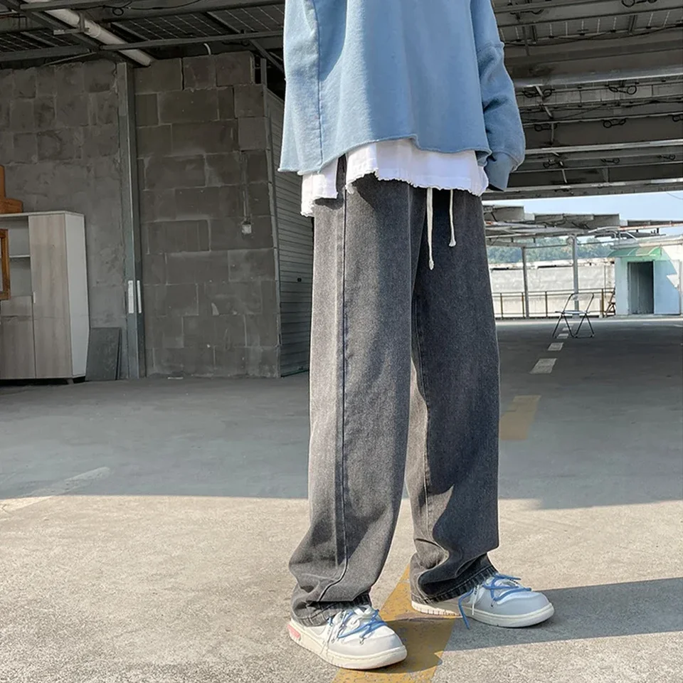Baggy Jeans muži nová šnúrka elastický pás rovná široká nohavice módne čierne hip hop džínsové nohavice svetlo modrá