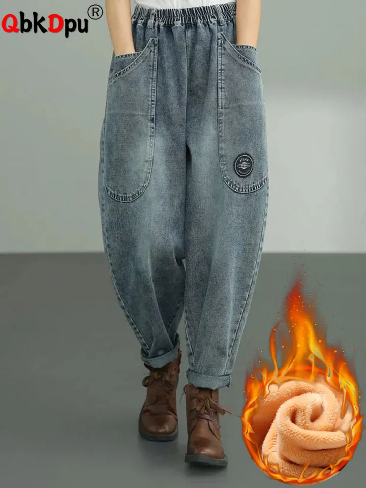 Baggy Winter Warm Harem Džínsy nadmerne nadmerné 6xl ženy High Wais plus velé hrubé džínsové nohavice plyšové vintage členkové dĺžka vaqueros