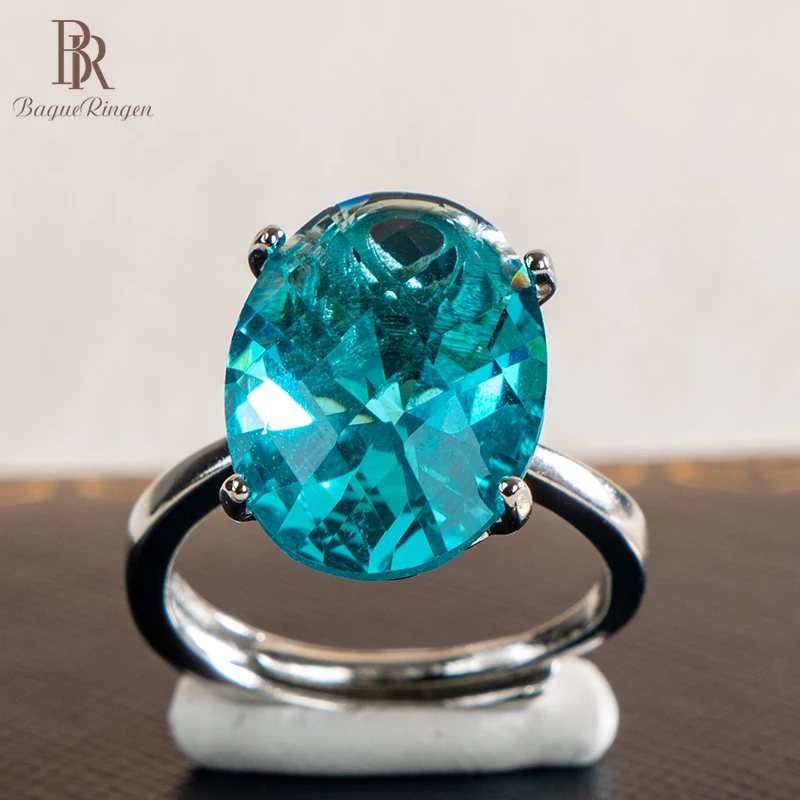 Bague Ringen strieborný farebný prsteň pre ženy s oválnym 12*16 mm modrý drahokam zásnub