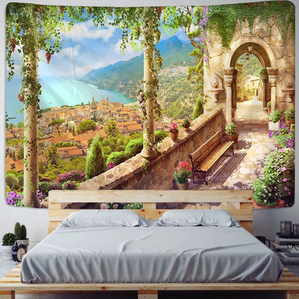 Balcony City Castle Hill Zelená rastlina Krajina tlačká tapiséria Lacné hippie stena zavesenie České tapisérie na stenu