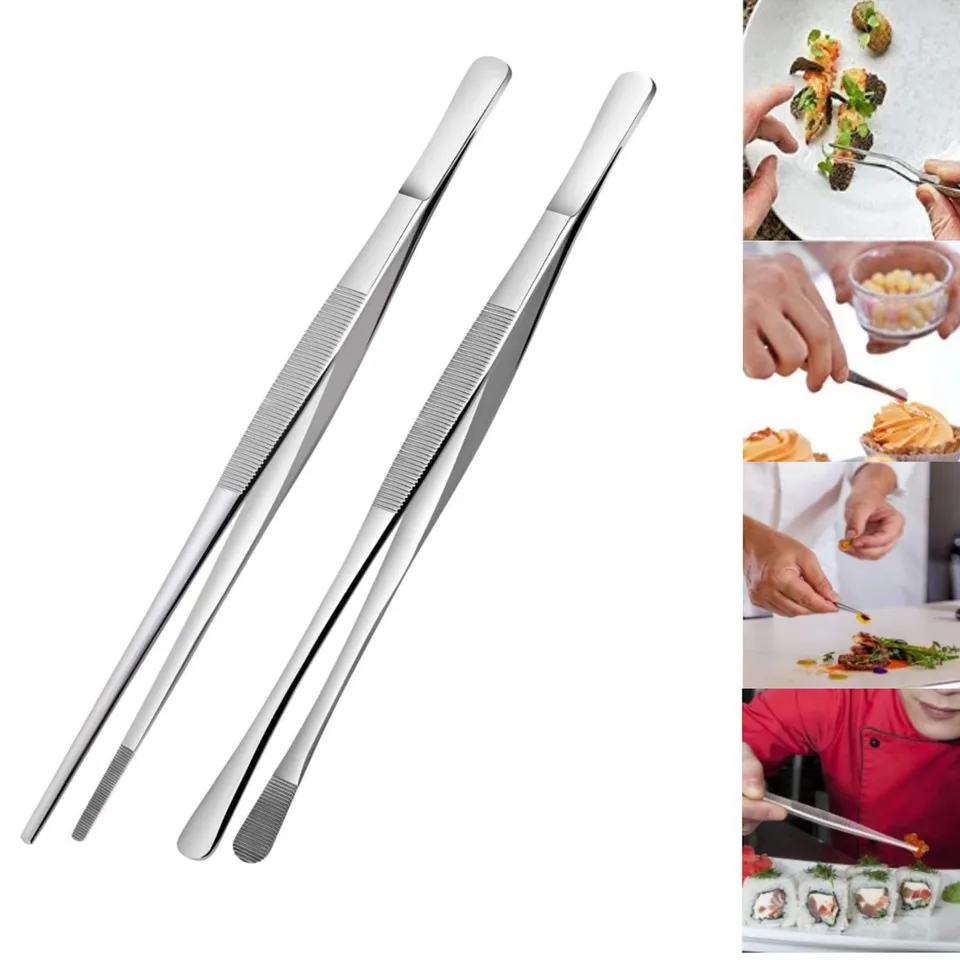 Balenie 2 30 cm varenie kliešte Presné zúbkované tipy z nehrdzavejúcej ocele Pinisty kuchynské náradie extra dlhé pre hlbokú fritézu