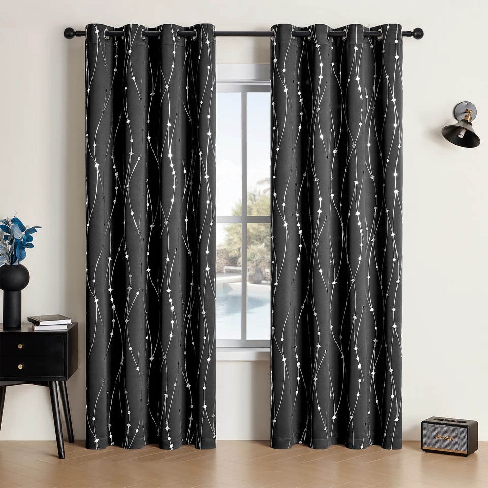 Balenie 2 Sliver Print Blackout Curtains Curtains Blackout Window Curtains pre obývaciu izbu, ošetrenie okien s vlnovými čiarami a PLA