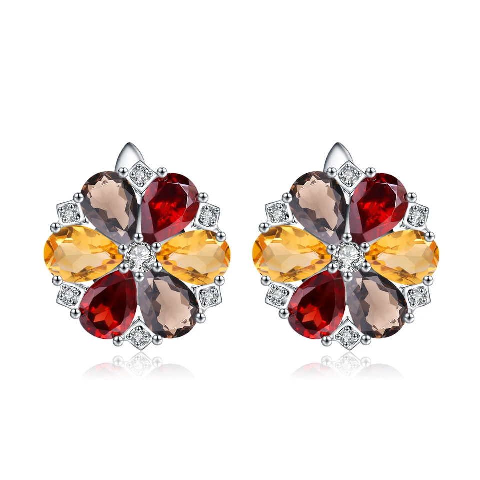 Balet Gem's Balet 7.72ct Citrine Garnet Smoky Quartz Stone Real 925 Sterling Silver Classic Toddy Tvar kvetu Dámske jemné šperky