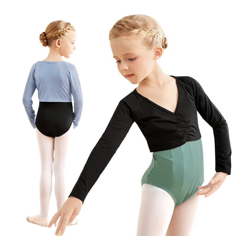 Balet s dlhým rukávom Top Dievčatá tanečný sveter pokrčte pružia teplý outfit pre trikotu