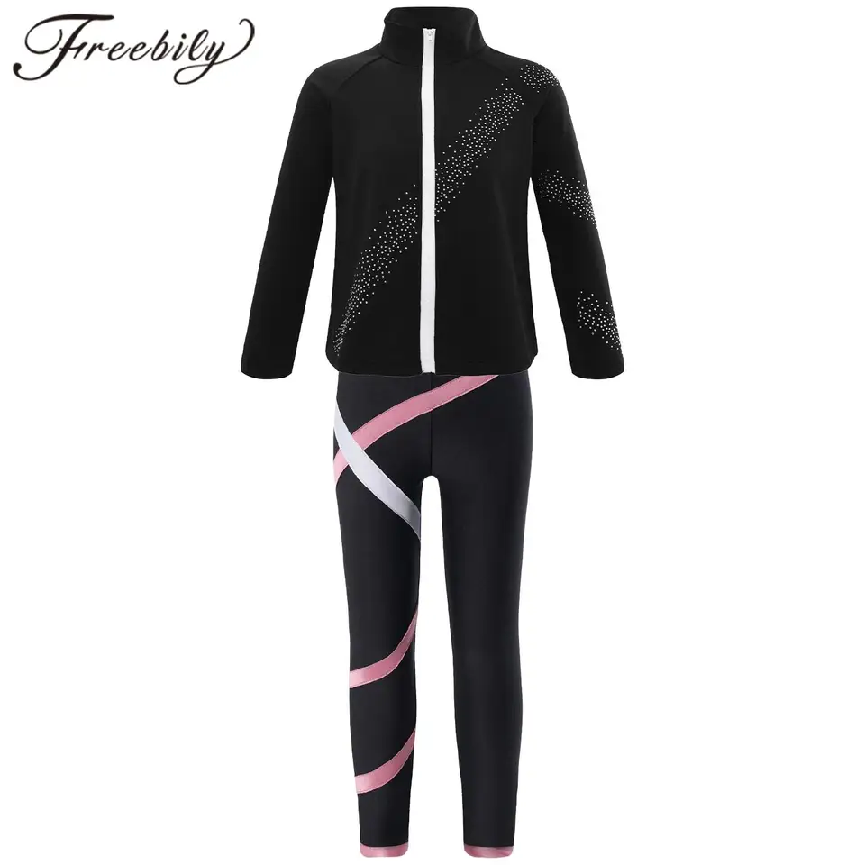 Baletný tanec s dlhým rukávom pre dievčatá, stojan na golier, bundu zips, leggingsové obleky, športové súpravy tréningu, deti