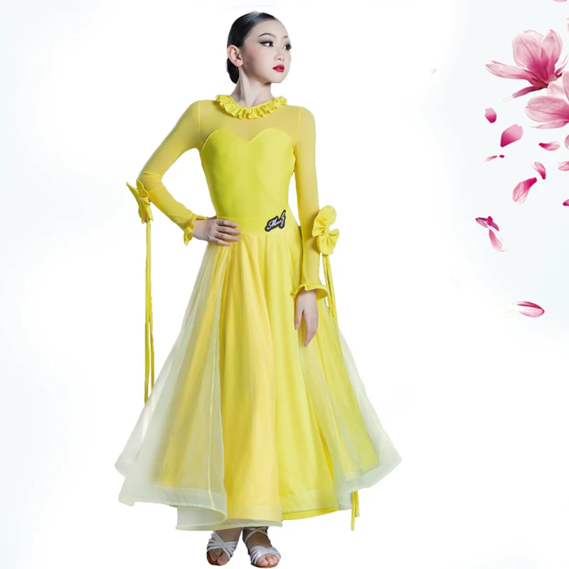 Ballroom Dance Chays Yellow Long Ruckve Dancing Costume Girls Standard Waltz Competition Dress Tango Latin Dance Suit VDL2663