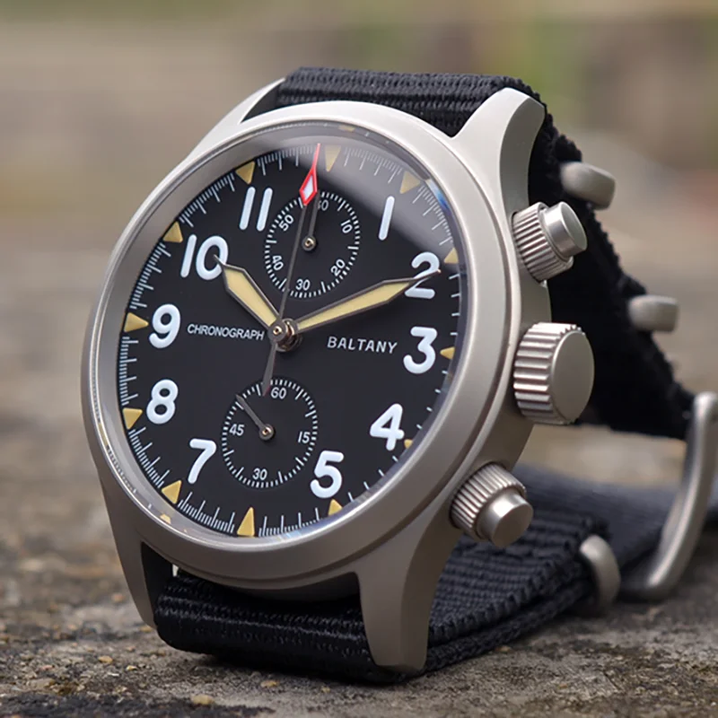 Baltany Pilot Chronograph Watch 39 mm puzdro 100 m vodotesný VK61 Tkrikový remienok z nehrdzavejúcej ocele Vintage vojenské kremenné hodinky