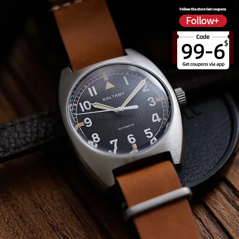 Baltany W10 Tonneau Watch S2001B pocta RAF Britská armáda z nehrdzavejúcej ocele NH38 NH38 Automatické vintage náramkové hodinky pre mužov