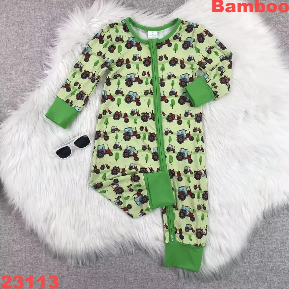 Bambus Romper Detské lezenie farmárskych traktorov a stromov tlač mäkké zelené bambusové podvaly zips pyžamy zakrývajú ruky a chodidlá