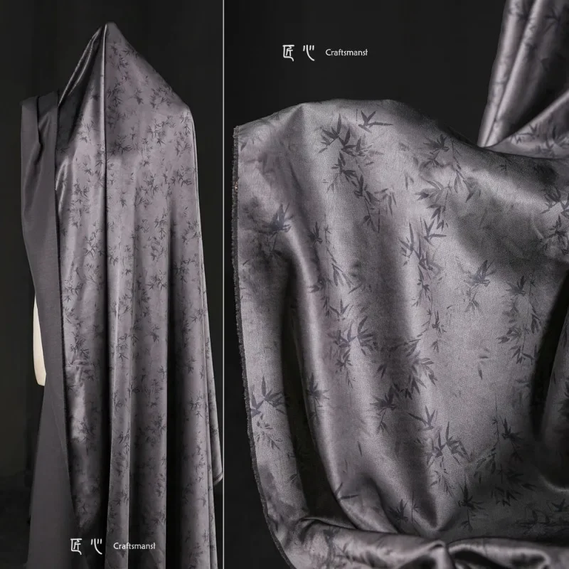 Bambusová tlač Imitácia kyselina octová tkanina Čierne šedé zakrytie hodvábny satén Čínsky štýl Cheongsam Dress Pants Design Design Handr