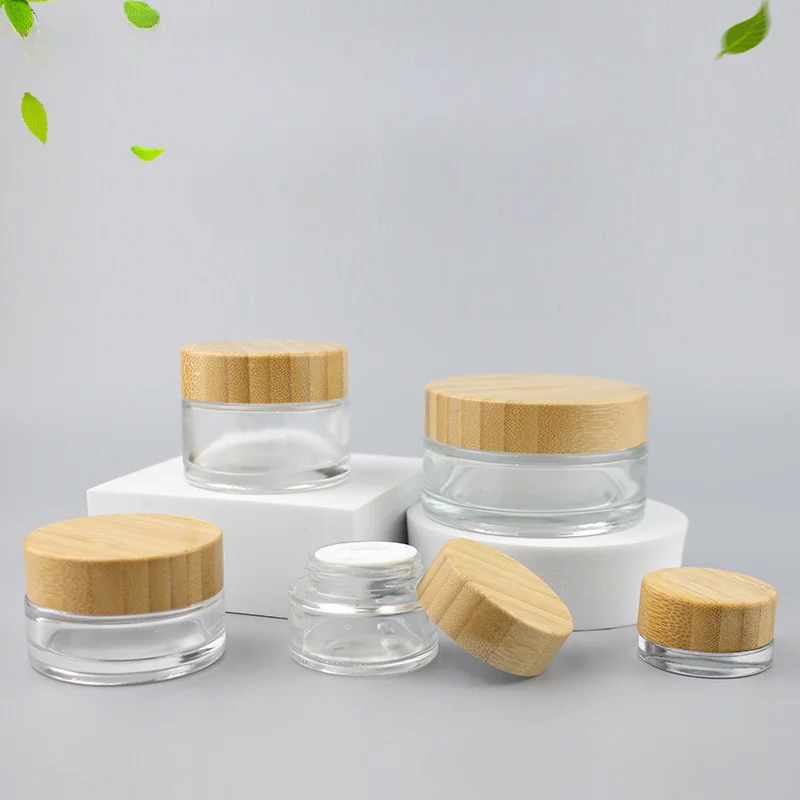 Bambusové veko prázdne poháre sklenená krémová nádoba Kozmetický nádoba 5-100G make-up nádoba Cestovné kozmetické poháre DIY Fľaša na tvár tváre