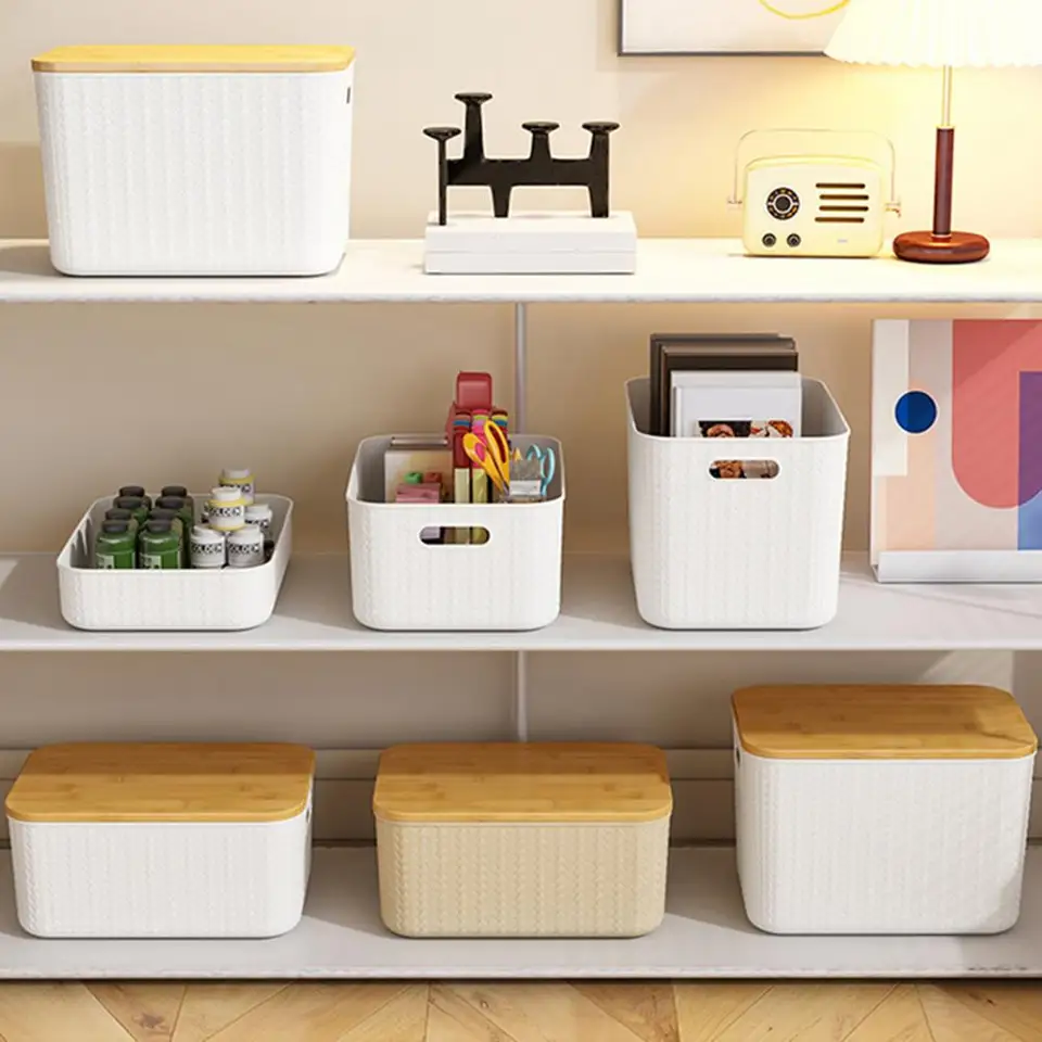 Bambusové veko Storage Box Prenosná rukoväť Storage Container Capacity Stohovateľné organizovanie boxov s bambusovým vekom prachom pre hračky