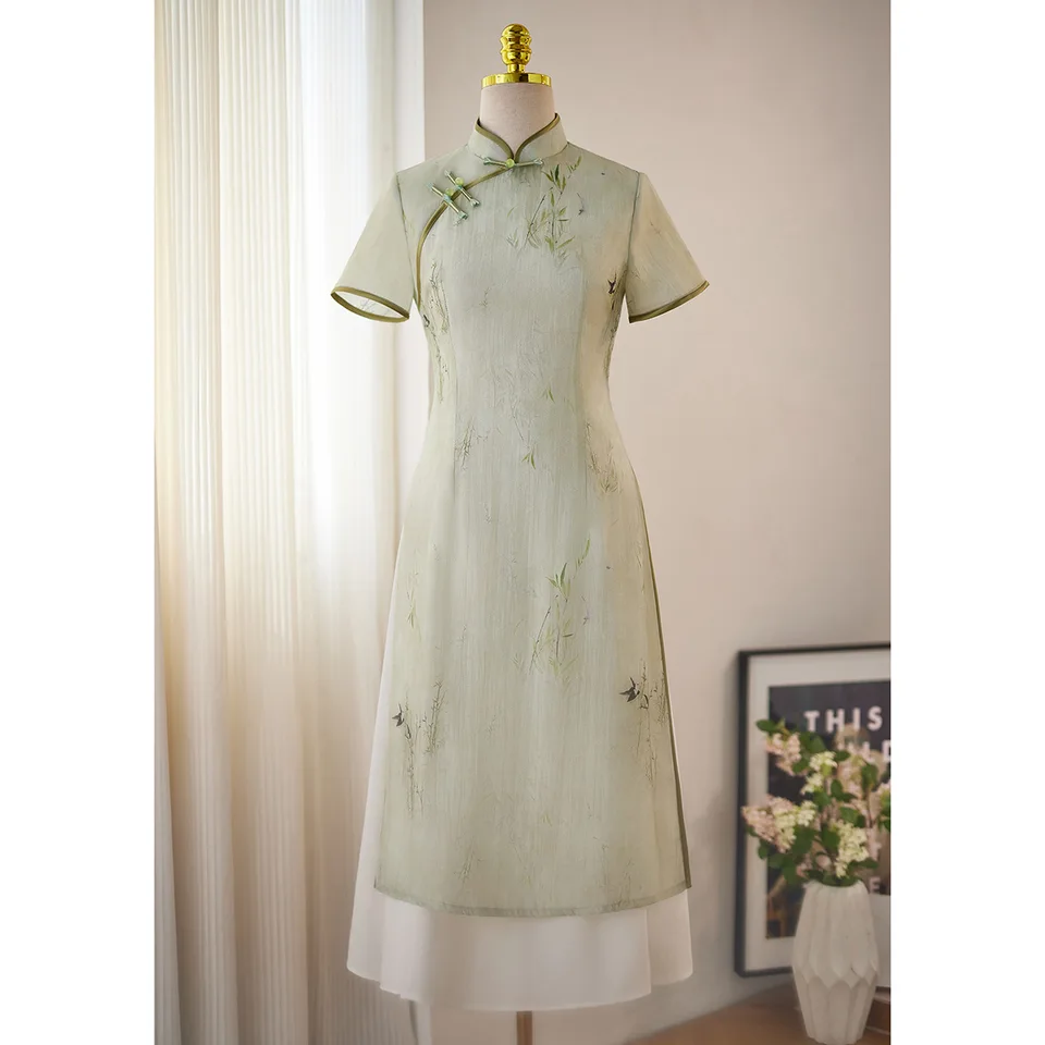 Bambusový tlač dlhý qipao ao dai šaty 2024 Nové šaty v čínskom štýle Elegantné cheongsams vestidos dámske leto nové šaty
