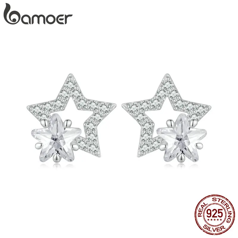 Bamoer 925 Sterling Silver Crystal Star Stud náušnice dvojité náušnice