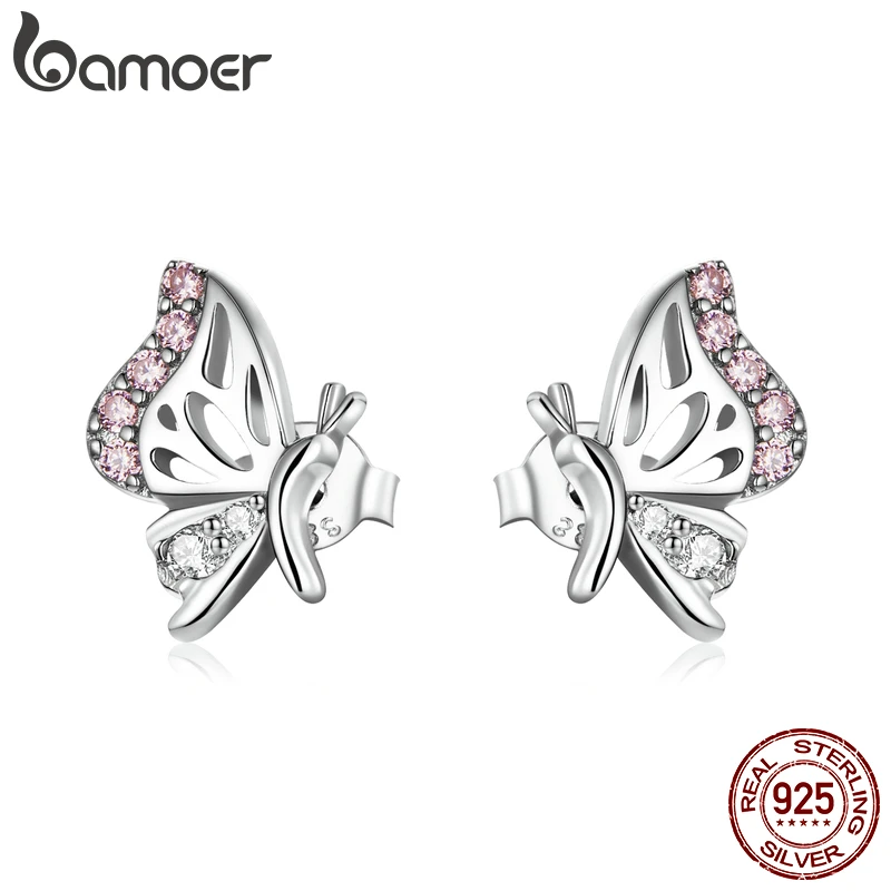 Bamoer 925 Sterling Silver Delicate Butterfly Stud pre ženy Navrhované platinové piercing uši šperky Svadobný darček