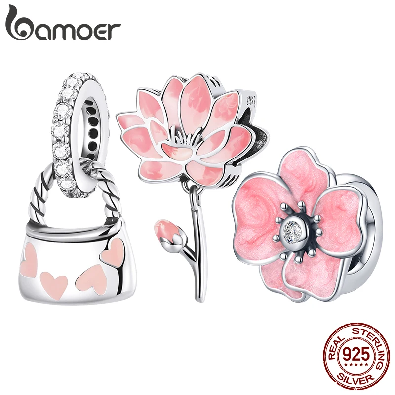 Bamoer 925 Sterling Silver Lotus Flower Carte Love Bag Prívesok ružová roztomilá pre ženy móda originálny náramok DIY náramok