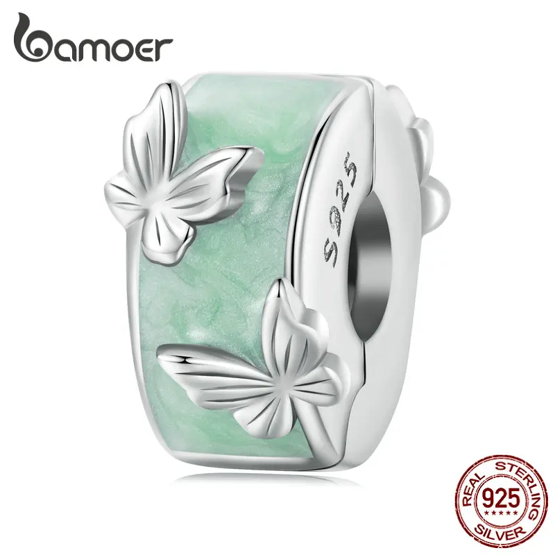 Bamoer 925 Sterling Silver Mint Green Green Smaltfly Clip Charms Round Les A pre ženy Pôvodné strieborné náramky jemné šperky