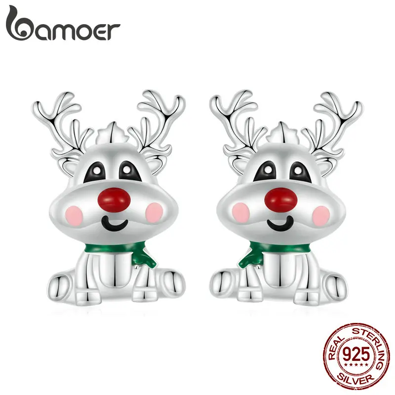 Bamoer 925 Sterling Silver Silver Vianoce sobie Stud náušnice jelene náušnice pre ženy vianočné darčeky jemné šperky