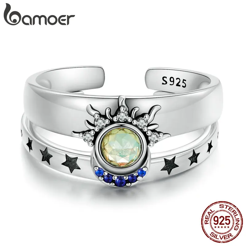 Bamoer 925 Sterling Silver Sun and Moon stohovateľné otváracie prsteň prsteň pre ženy elegantné jemné šperky pre pár