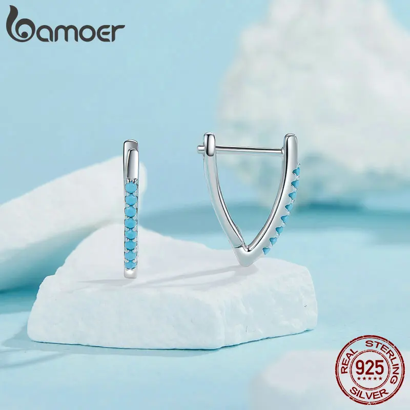 Bamoer 925 Sterling Silver V Tvar tyrkysovej obručovej obruče pre ženy trendy štýly jednoduché náušnice proti alergie módne šperky