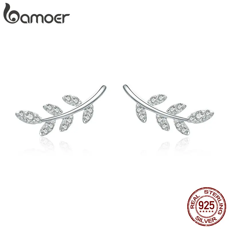 Bamoer Authentic 925 Sterling Silver Spring Listy Listy Clear Cz Zirkon Stud Cuits for Women módne náušnice šperky BSE031