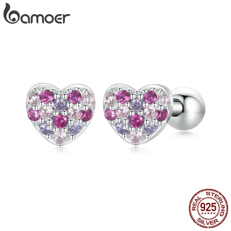 Bamoer Hypoalergenic 925 Sterling Silver Stud náušnice pre ženy so skrutkou chrbtom, roztomilé ružové červené náušnice kvetov pre dievčatá pre dievčatá