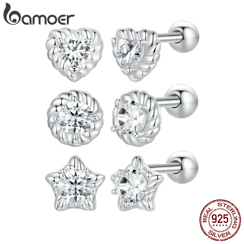 BAMOER MOISSANITE SRDCE/ROUND/STARY STUD náušnice, D Brilantné okrúhle rezy Lab vytvorili Diamond 925 Strieborné náušnice