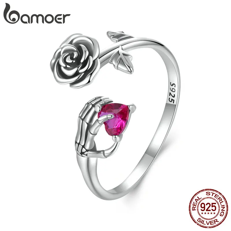 Bamoer originálny 925 Sterling Silver Rose Skeleton Ručne otvorený prsteň pre ženy Halloween strieborný prsteň prsteň jemný šperk darček