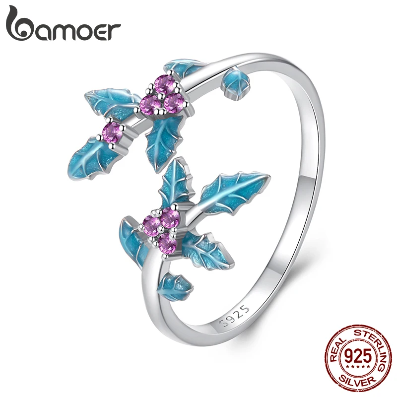Bamoer Solid 925 Sterling Silver Holly nastaviteľný prsteň, retro kvetinový vzor šperky vianočné narodeniny darček pre ženy BSR611-E