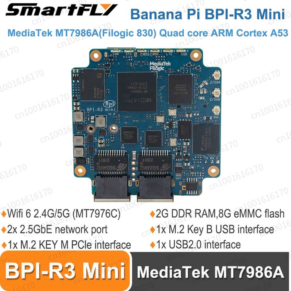 Banana Pi BPI-R3 Mini Router Board MediaTek MT7986 2G RAM 8G EMMC Podpora Wi-Fi6 2.4g/5G s MT7976C, 2x 2,5GBE Ethernet Port