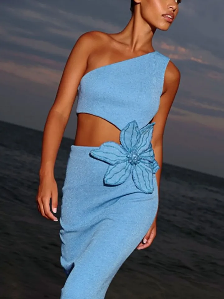 Bandage šaty 2024 Ženy celebrity sexy Jedno rameno vystrihnuté oblohy modrá kvetina midi Bodycon Elegantné večerné šaty večierkov
