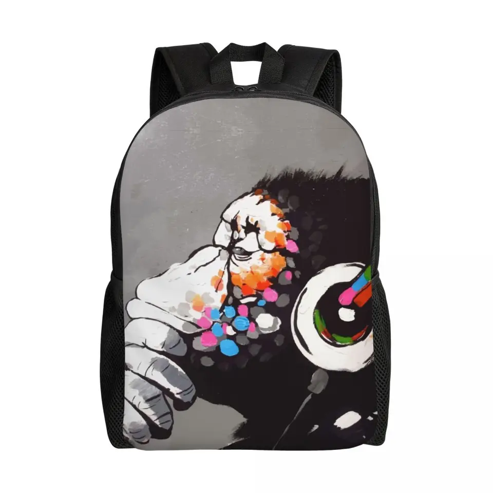Banksy DJ Monkey Thinker so slúchadlami Backpack School College Študenti Bookbag sa hodí