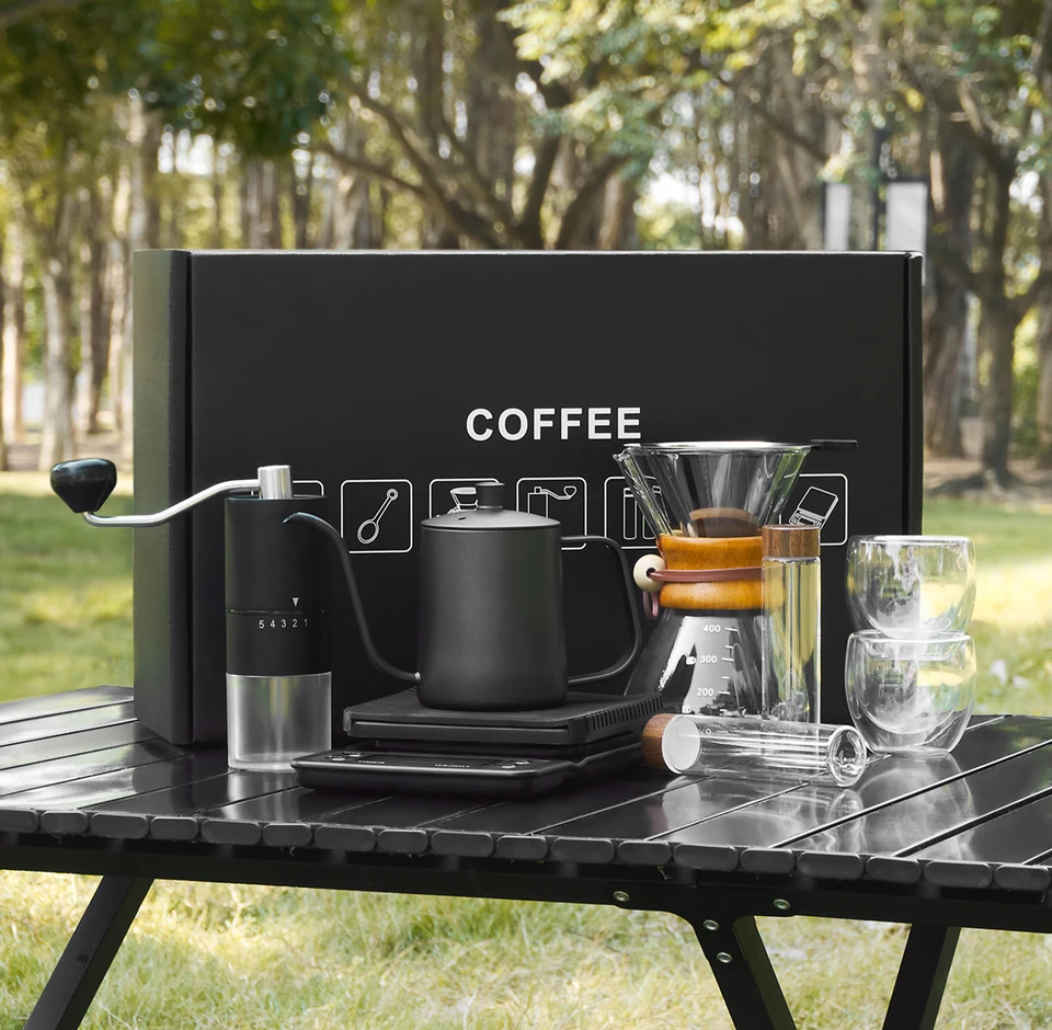 Banlee prenosná sada kávy naliať kávu Maker Coffee Set Darčeková súprava kávu Káva kanvica manuála fazuľa mlynček