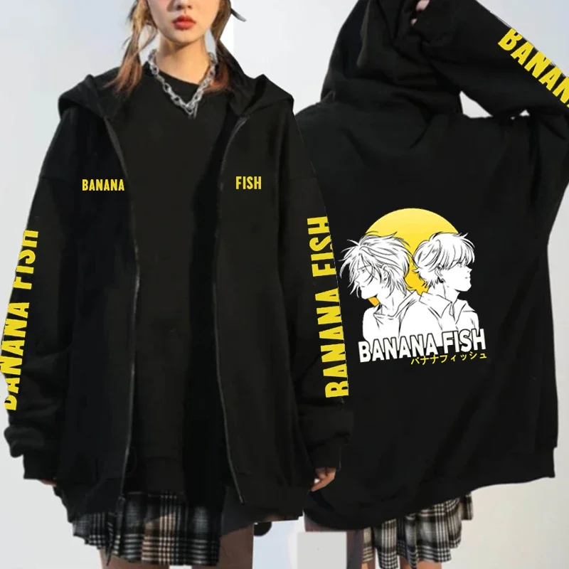 Banánové ryby Anime mikina muži Ženy Harajuku s dlhým rukávom Print Zipper Pulloves Topy Tops Casy Fashion Hip Hop Mestina bunda UY2