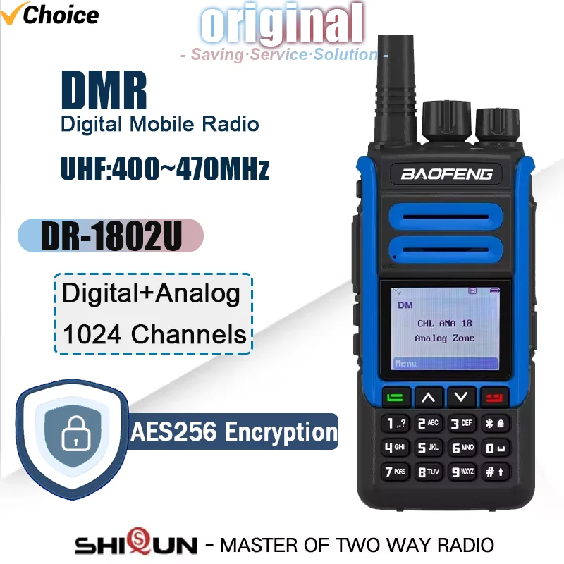 Baofeng DR-1802U AES-256 Encryption Walkie Talkie 1024 kanály UHF: 400-470MHz DMR Digital+Analog Radio Long Radio Radio Radio Radio Radio Radio