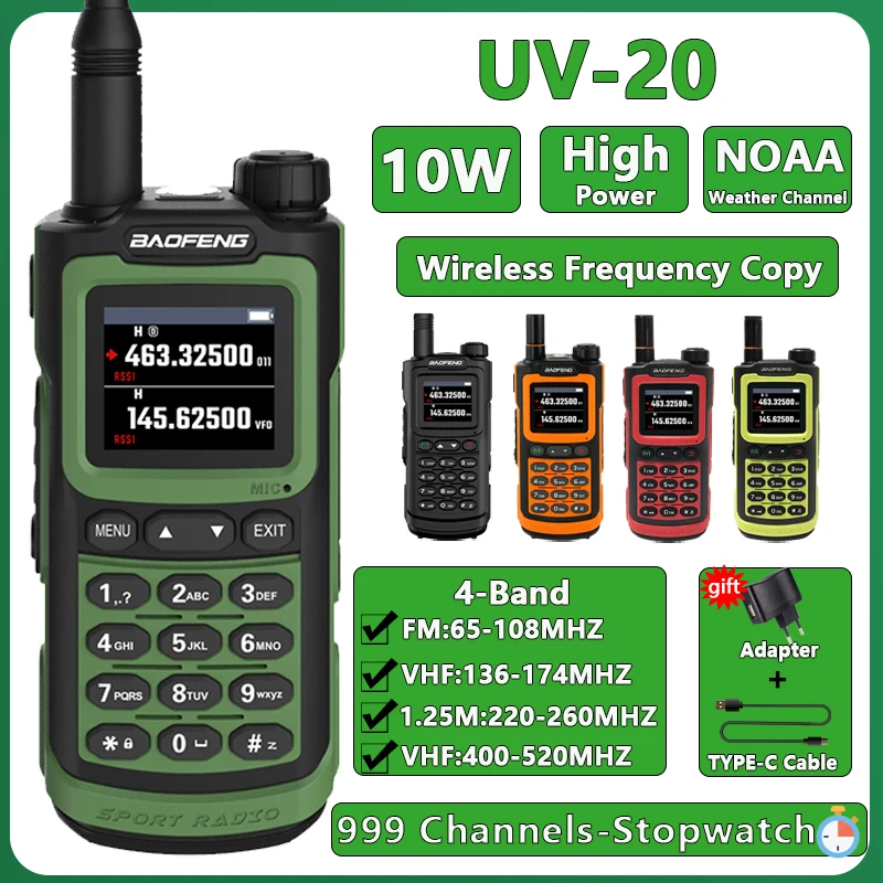 Baofeng UV-20 Walkie Talkie 10W 220-260MHz Vysoko kapacitná bezdrôtová frekvenčná kópia Typ C Nabíjanie 999 Kanál UV-G30 Pro V1 Radio