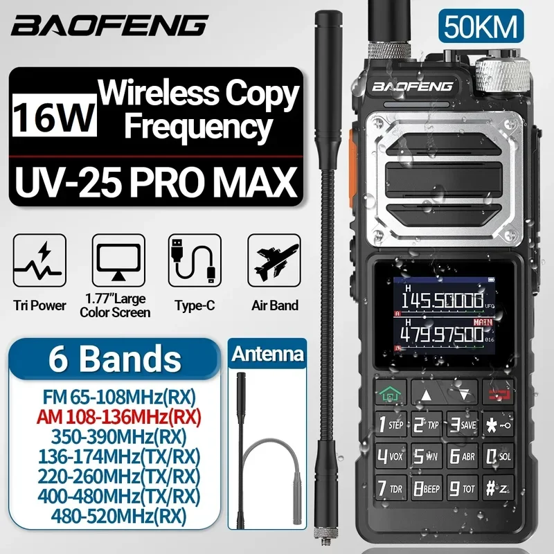 Baofeng UV-25 Pro Max Air Band Walkie Talkie 16W Frekvencia bezdrôtových kópií NOAA TYP-C Nabíjačkou AM Long Range Ham Two Way Radio