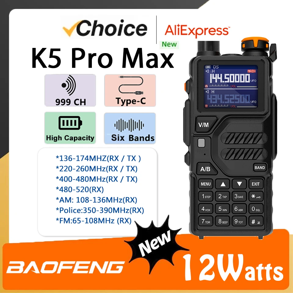 Baofeng Walkie Talkie K5 Pro Max 12W UHF VHF Vysoká kapacita Šesťpásm NOAA NOAA Long Range Redukcia hluku 999Chanels BF-UVK5M CB Rádio
