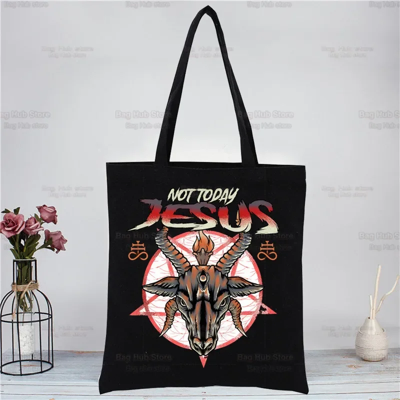 Baphomet okultné kozy nákup čierne tašky plátno tote taška opakovane použiteľná satan démon duchovná taška kabelka strašidelné zlé ramenné tašky