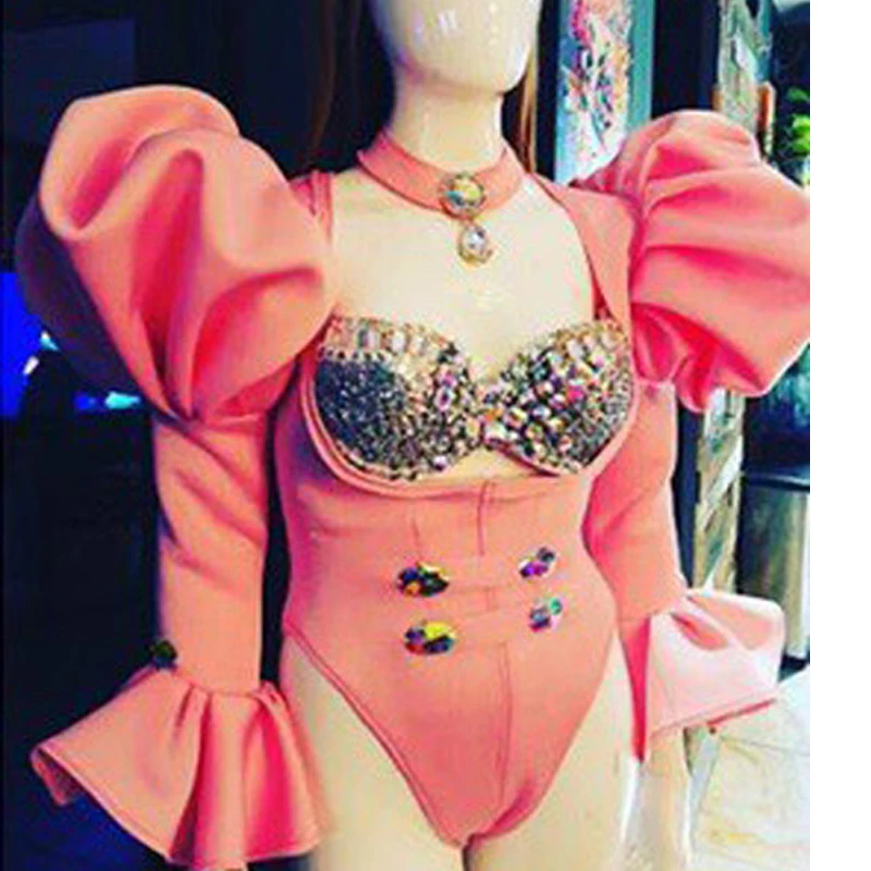 Bar Nightclub DJ DS Poliar Dance Clothing Ženy ružové prehnané rukávy BodySuit Festival outfit outfit outfit Rave Wear XS5420