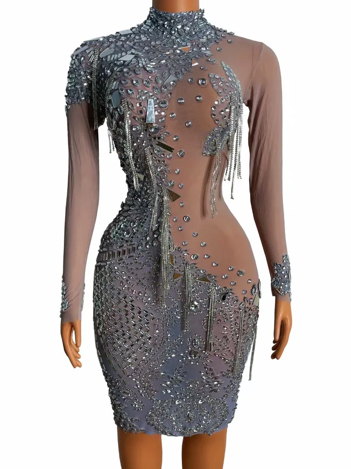 Bar Nightclub Party Dress Performance Módna sieť sexy perspektíva lesklý kamienok šošovky diamantové reťazové šaty