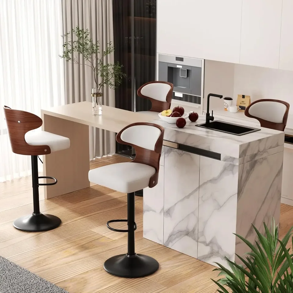 Bar stolice sada 4 sedadlá nastaviteľná výška 24.5-33.5in - Bentwood Swivel Barstools s chrbtom a nohavicou - PU koža