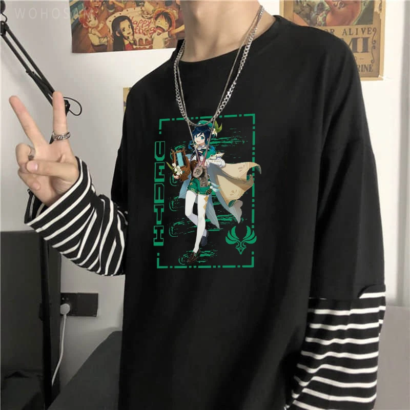 Barbatos Genshin Impact Harajuku s dlhým rukávom tričká Ženy Funny cosplay venti grafické letné nadmerne nadmerné falošné dve kusy tričko