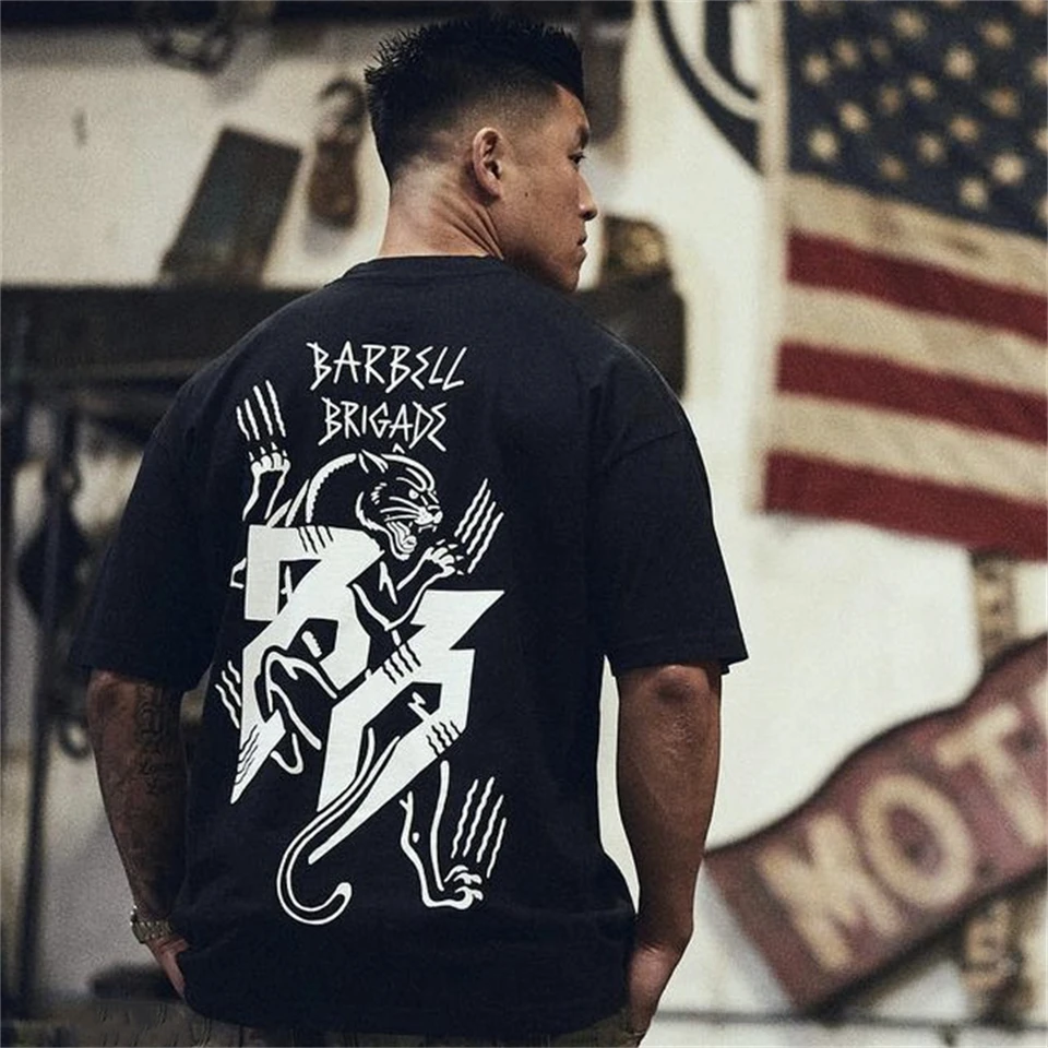 Barbell Leopard Print Gynh košeľa Men Pure Cotton Homme s krátkym rukávom Running tričko Men tréning Training Tees Tops Sport Tričko