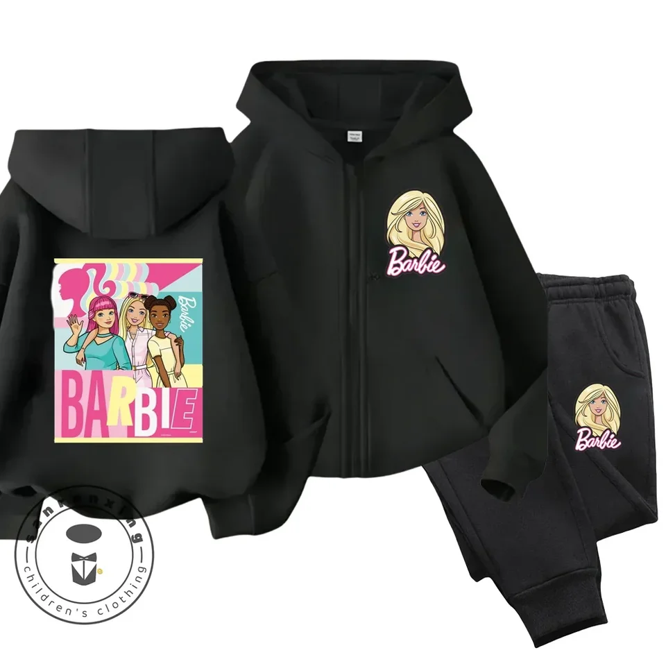 Barbie deti zipsová mikina set karikatúra tlač na jeseň zima s dlhým rukávom mikina chlapci dievčatá módne príležitostné harajuku top