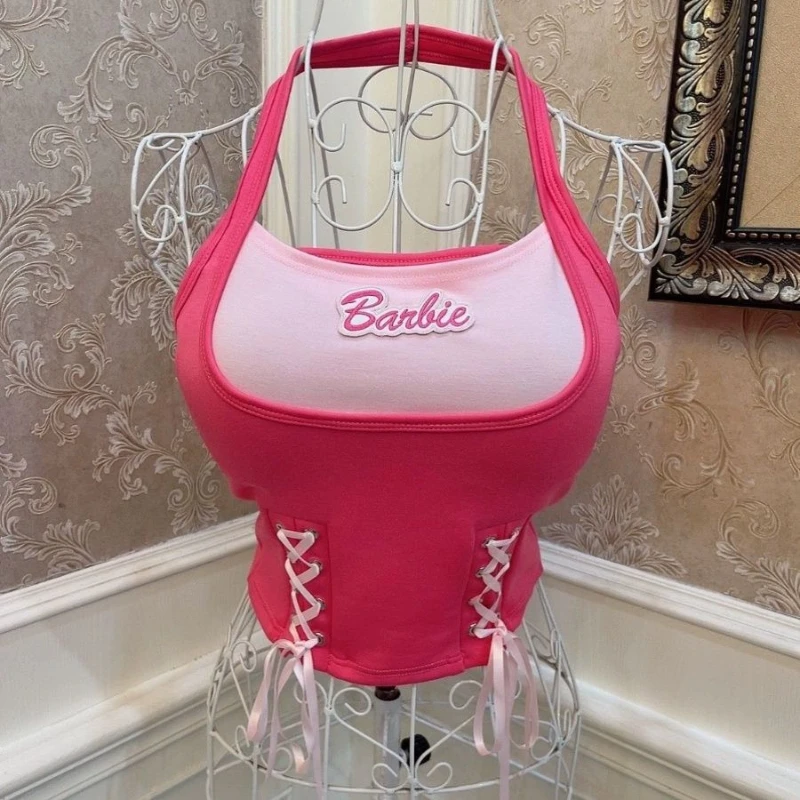 Barbie vesta nadmerne nadmerná dámska zlatíčko Športové vrcholy výšivky šnurované šnurovacie šaty slim-fit krapy podprsenka ružová ružová dievčat