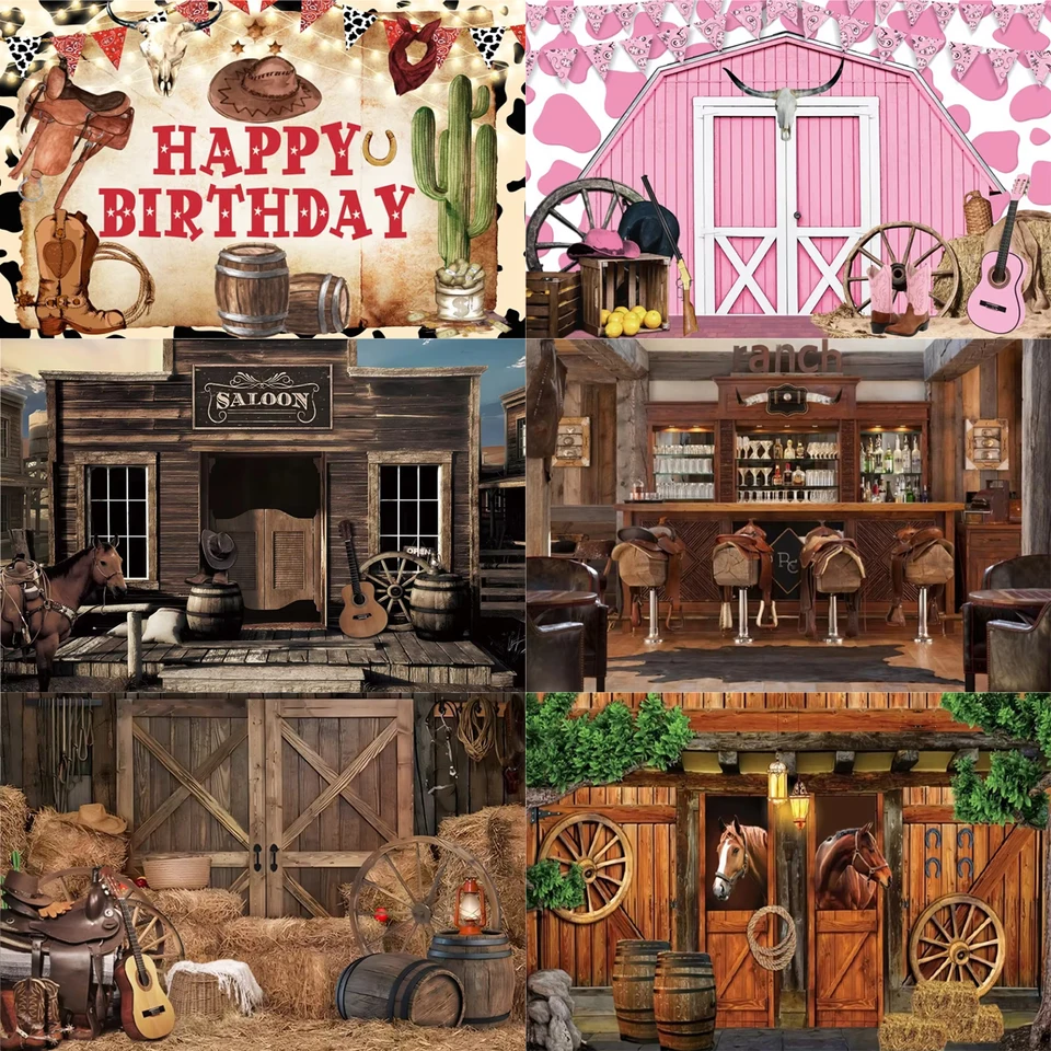 Barn Farm Birthday Téma Pozadie Kôň Západná kovboj fotografia Wooden House Door Party Decorácie Foto Studio prop banner