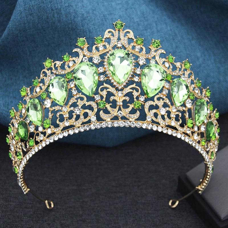 Barok 9 farby zelené AB Crystal Big Tiaras for Women Girls Party Svadobná koruna svadba Elegantné vlasové šperky