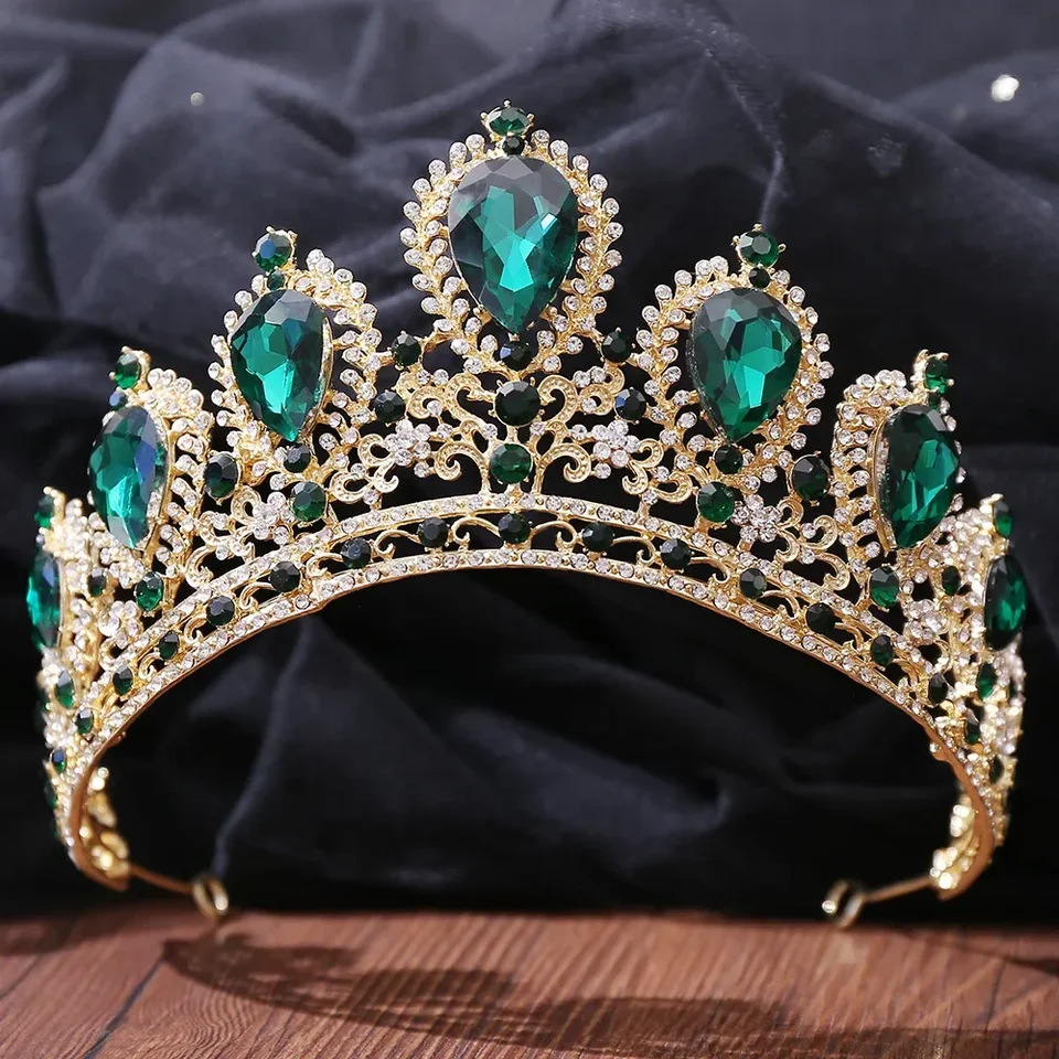Baroková zlatá farba zelená korunka Vlasy doplnky luxusné veľké krištáľové diadémky pre ženy svadobné čela Čiastka Bridal sprievody na vlasy